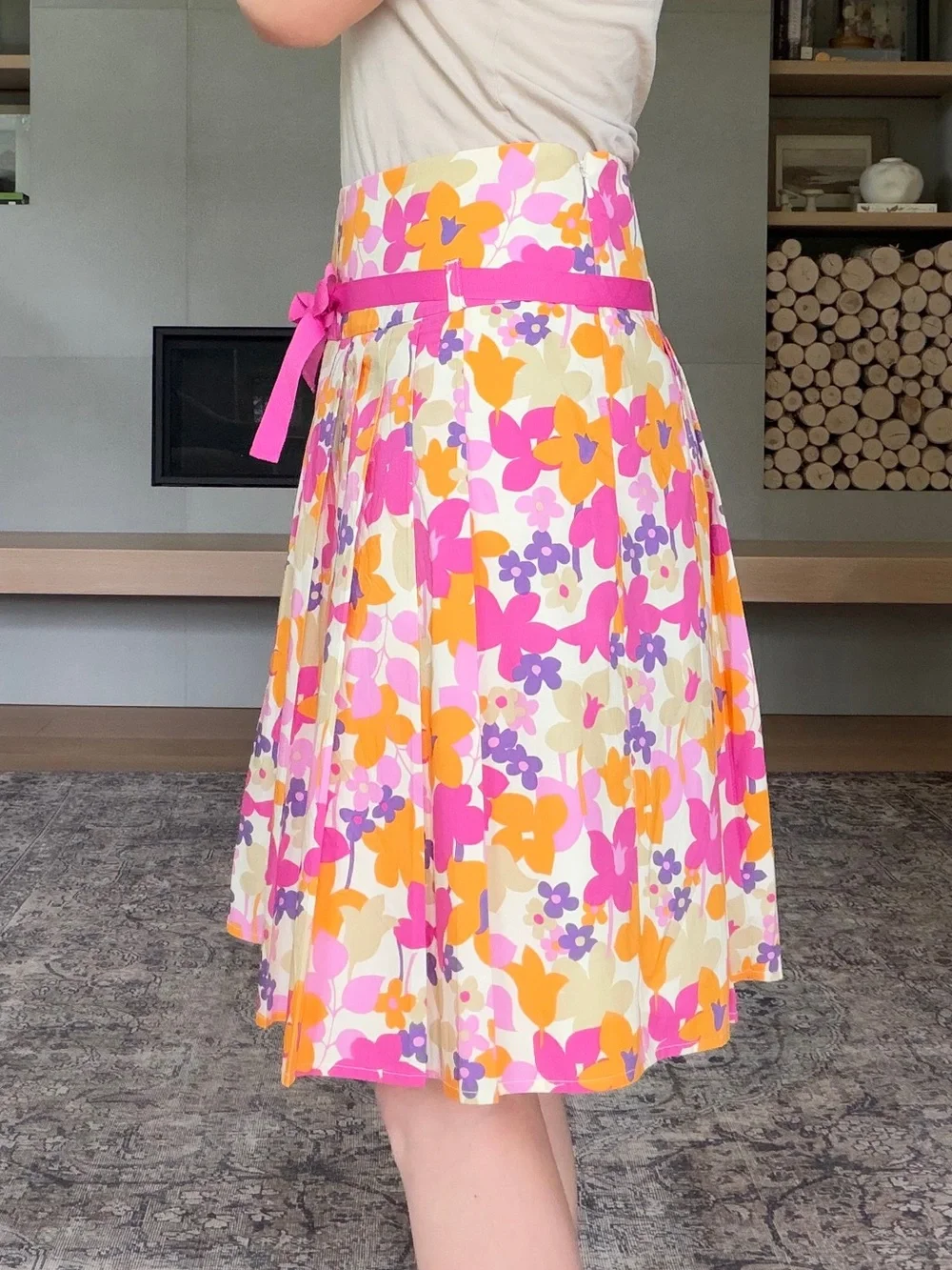 Vintage 100% cotton Floral Pleated A-Line Skirt with ribbon tie size 8 - Picture 4 of 12